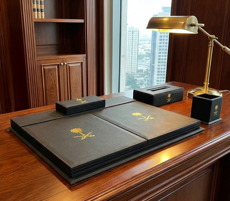 Royal Executive Leather Desk Organizer Set (5-Piece) – Black & Gold