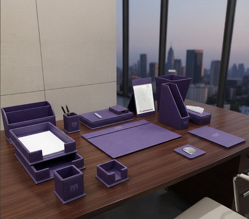 Modern Executive Leather Desk Organizer Set (13-Piece) – Royal Purple