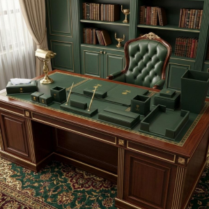 Royal Executive Leather Desk Organizer Set (14-Piece) – Premium Hunter Green & Gold